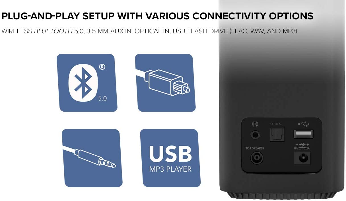 از نقاط قوت این محصول می توان به راه اندازی ساده با گزینه های اتصال چندگانه اشاره کرد. به سادگی T100 کریتیو را از طریق بلوتوث 5.0؛ جک 3.5 میلیمتری AUX-in به دستگاه های خود متصل کنید و حتی می توانید فلش مموری خود را با قابلیت اتصال Plug & Play به پورت USB اسپیکر متصل کنید و آهنگ های ذخیره شده در آن را پخش کنید